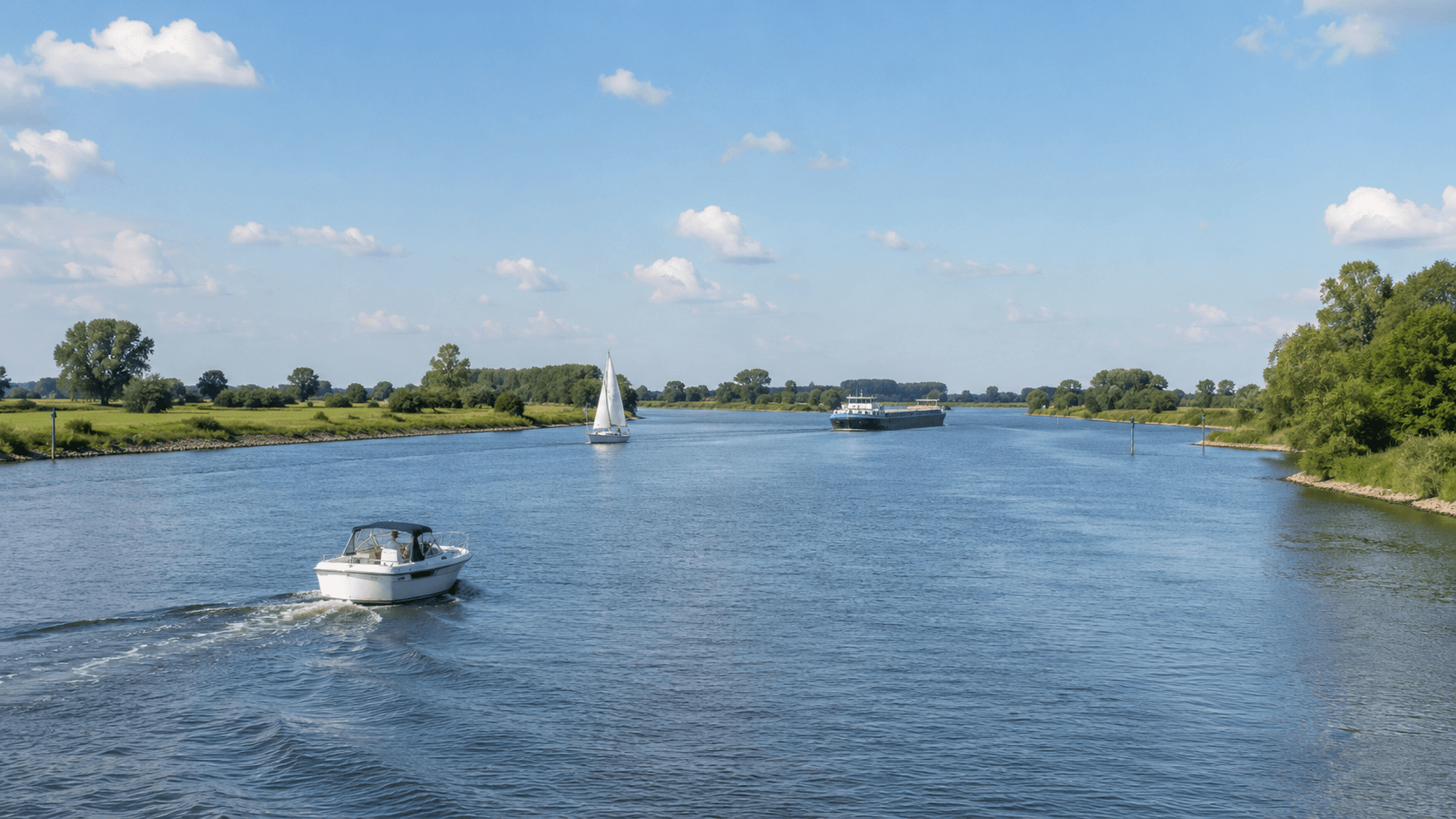Een motorboot, een zeilboot en een groot vrachtschip delen hetzelfde vaarwater — precies de situatie waarin de voorrangsregels gelden.