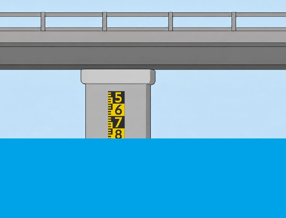Zwart-gele hoogteschaal op de pijler van een vaste brug met de cijfers 5, 6, 7 en 8; de 7 staat volledig boven water en het water staat in het blok van de 8.