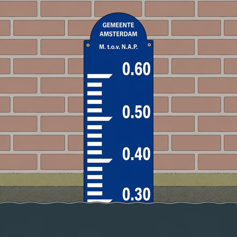 Blauwe peilschaal aan een kademuur met de tekst “Gemeente Amsterdam, M. t.o.v. N.A.P.” en waarden van 0,30 tot 0,60 meter; de waterlijn staat bij 0,30.