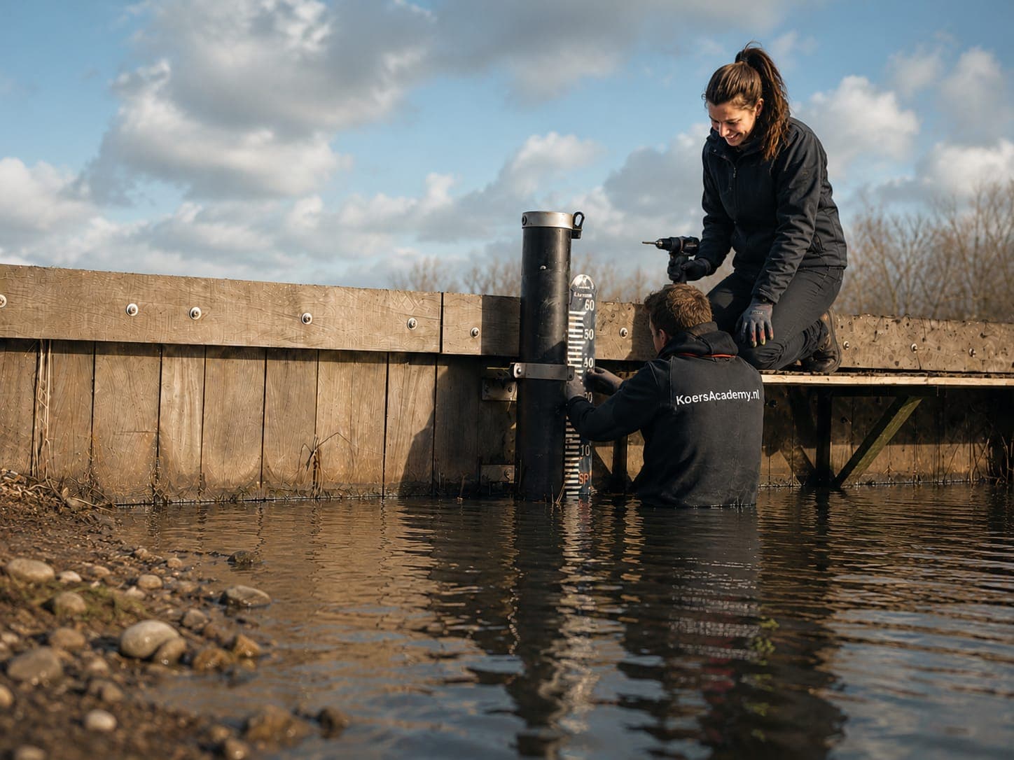 Twee mensen bevestigen een peilschaal aan een steiger langs het water; op de schaal zijn de waarden 10 tot 60 en de aanduiding SP zichtbaar.