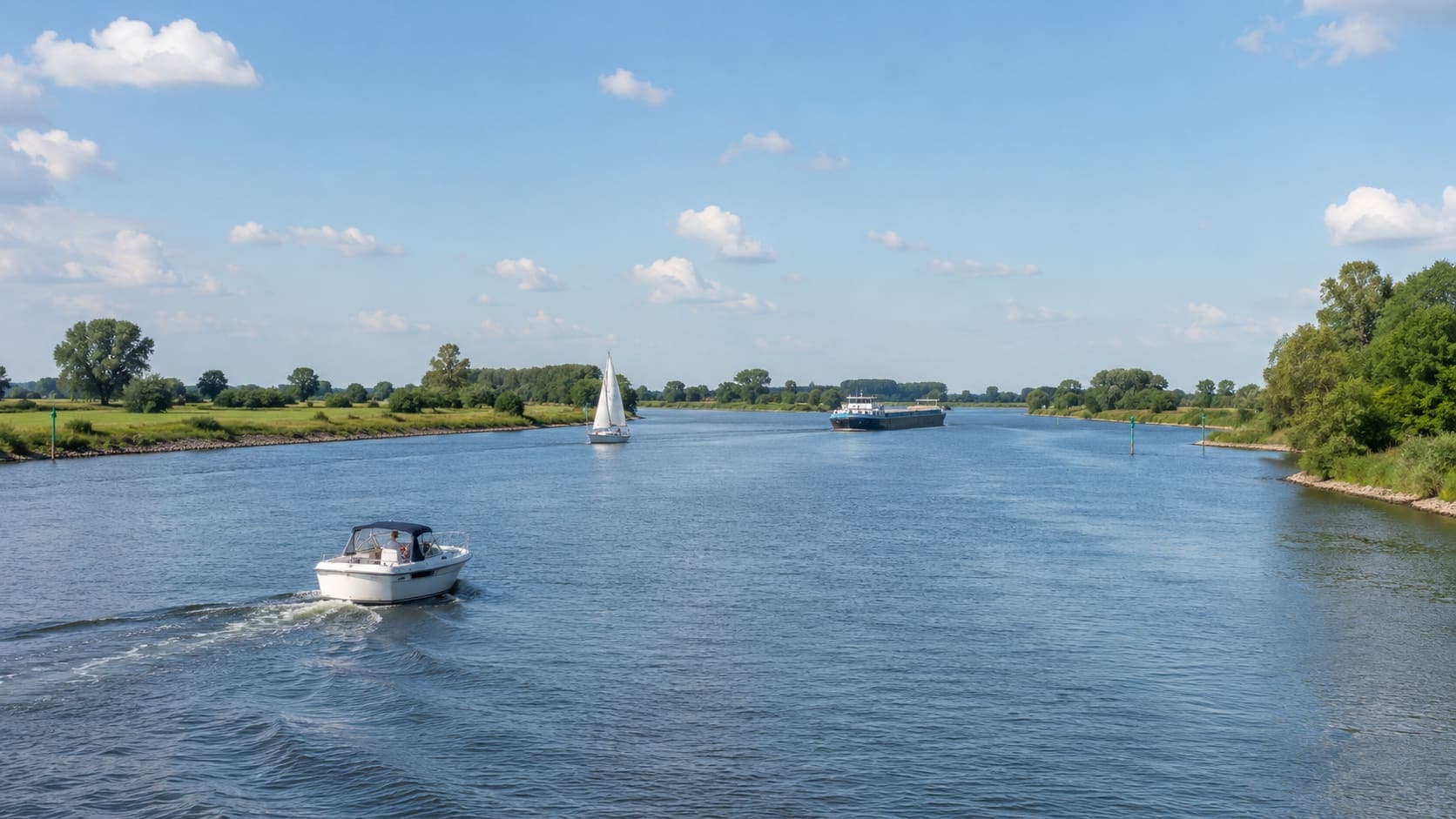 Een motorboot, een zeilboot en een groot vrachtschip delen hetzelfde vaarwater — precies de situatie waarin de voorrangsregels gelden.